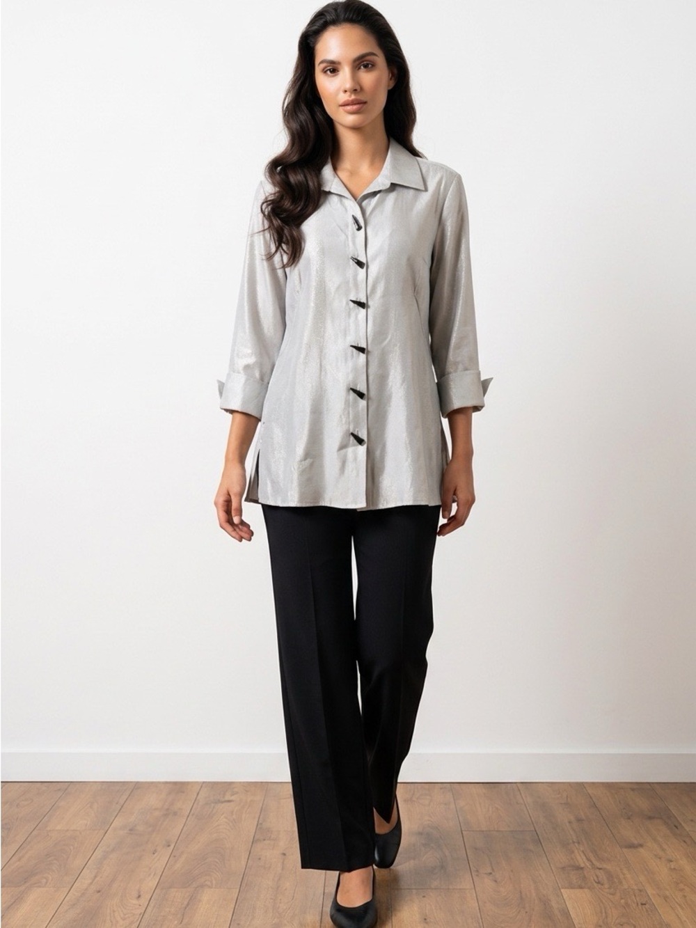 NWT MULTIPLES Women's Turn-up Cuff Three Quarter Sleeve Button Front Hi-lo Shirt